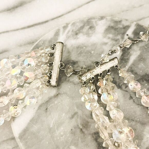 Vintage AB Crystal Necklace Clear Iridescent 5 Strand Layered Hook Closure - Picture 6 of 7